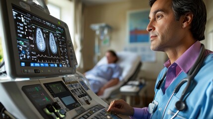Medical professional using a high-tech ultrasound machine to check on patient's health in a clinical setting