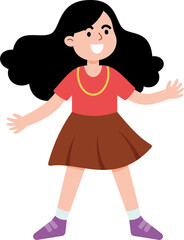 A girl with long hair and a red shirt is smiling and waving