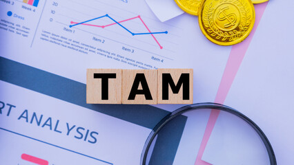 Wooden cubes with the word TAM. It is an abbreviation of Total Addressable Market. Business...