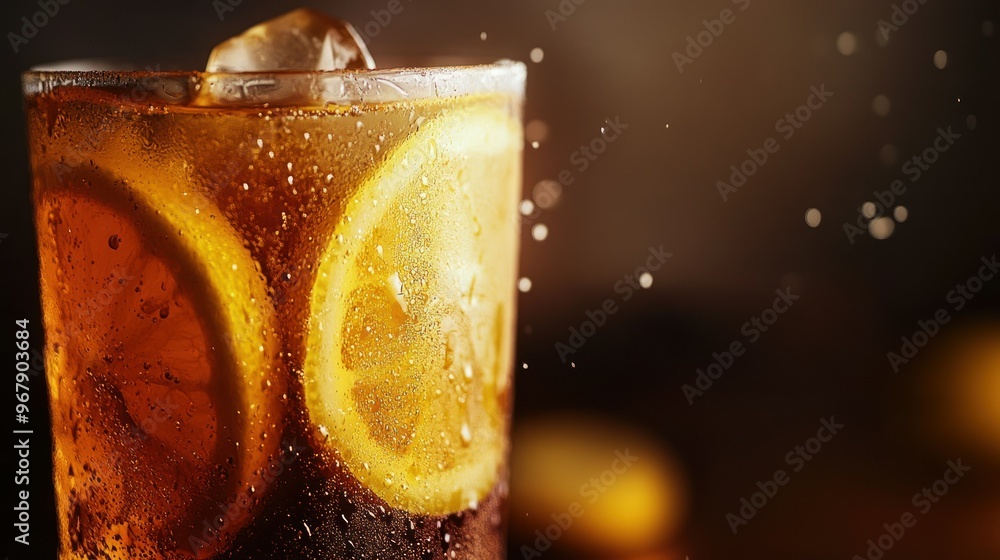 Poster A refreshing drink with ice and lemon slices, evoking a sense of thirst-quenching enjoyment.