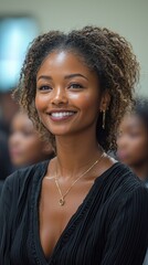 Fototapeta premium African american young woman with curly hair smiles confidently in a black outfit at a stylish indoor gathering, radiating sophistication and friendliness in a modern setting.