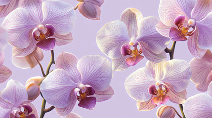 Artistic Floral Orchids Pattern Featuring Soft Purple Petals and Green Leaves for Textile Use