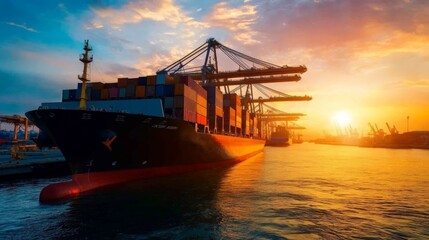 Obraz premium Cargo ship docked at the port during a beautiful sunset, showcasing international trade and transportation.