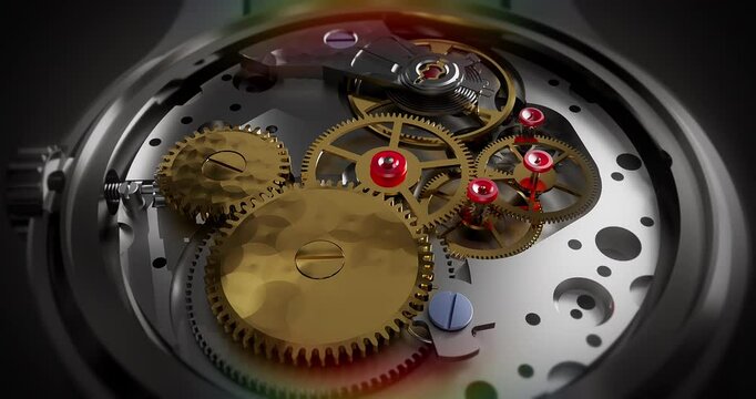 Luxury Swiss Made Automatic Watch With Visible Working Movement. Gears Are Rotating. Visible Jewels. Close Up Macro Shot. Luxury Watch Related 3D Animation.
