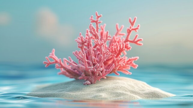 A pink coral plant is on a sandy beach next to the ocean