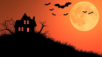 A spooky silhouette of an old house against a vibrant orange sky, featuring bats flying under a full moon, perfect for Halloween.