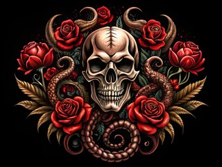 scorpio zodiac symbol tattoo design ideas mix dark mystical feminine bold illustrative black and red colors with skulls snakes and roses