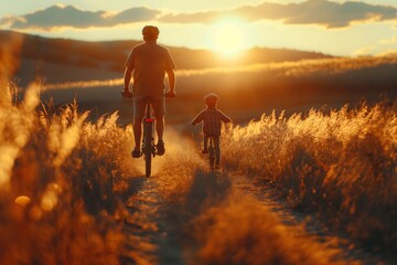 Fototapeta premium Happy father with son riding bicycles on outdoors. sunset. forest and park with paths. father and son spending time together. family, love and bicycles