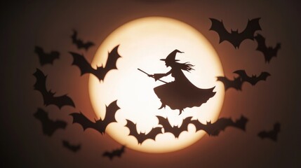 A witch silhouette flying across a full moon surrounded by bats, perfect for Halloween-themed designs and decorations.