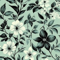 Seamless Floral Decorative Pattern on Deep Green Background