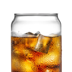 Cold carbonated drink over ice cubes in a can shaped glass