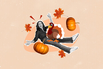 Composite photo collage of happy old woman hold turkey bird dry foliage thanksgiving holiday maple isolated on painted background