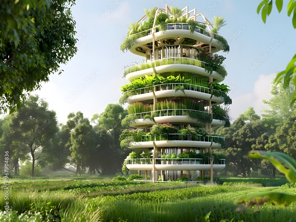 Poster vertical farming concept art with diverse crops showcasing efficient use of space