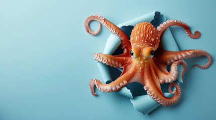 cute octopus peeking through a hole in a blue paper wall