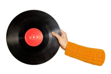 Png holding vinyl record sticker, transparent background
