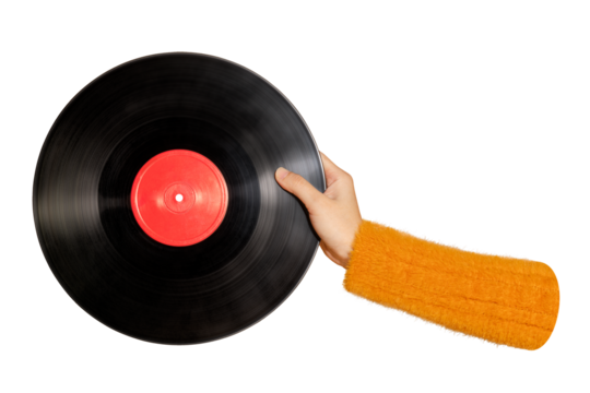 Png holding vinyl record sticker, transparent background