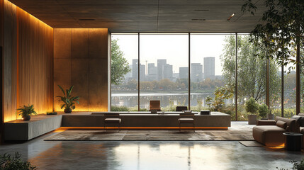 Modern office interior with city view.