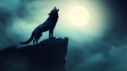 Fototapeta premium A majestic wolf howls under a full moon, silhouetted against a moonlit sky, embodying the spirit of the wild.