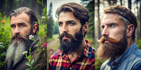Fototapeta premium serene and peaceful scenes of men with neatly trimmed beards and mustaches in natural settings