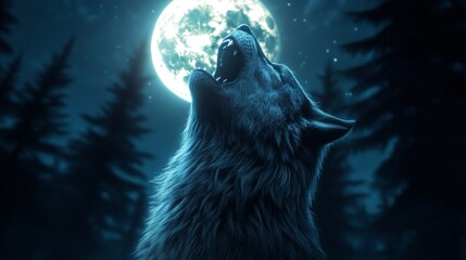A majestic wolf howls under a glowing full moon, surrounded by a mystical forest, creating a serene night ambiance.
