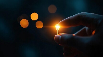 Close-up of a hand holding a burning matchstick against a dark, blurry background. The small flame illuminates the scene.