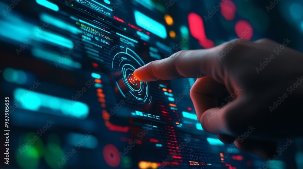 Poster close-up of a hand interacting with futuristic touchscreen display, emphasizing technology, innovati