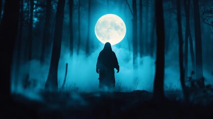 Fototapeta premium A mysterious figure stands under a glowing full moon in an eerie, foggy forest, evoking a sense of enchantment and intrigue.