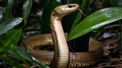 Fototapeta premium Close-up of a Cobra Snake in a Lush Green Environment