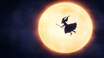 A mysterious silhouette of a witch flying across a full moon, evoking a sense of magic and adventure in the night sky.