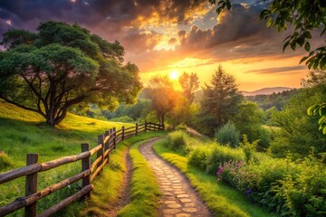 Obraz premium serene nature scenery with lush greenery and winding path amidst rustic wooden fence and sky with soft warm lighting