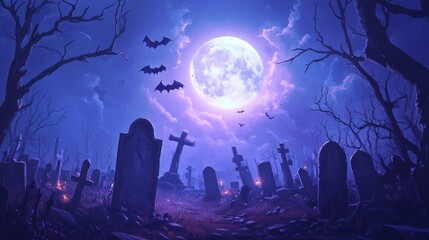 A mystical graveyard under a full moon, surrounded by eerie trees and flying bats, perfect for Halloween themes and spooky visuals.