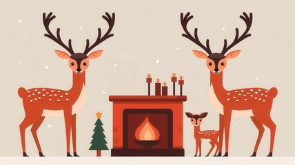 Deer family around fireplace, cozy Christmas, flat design illustration, copy space for text, focus cover all object, deep dept of field