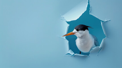 Fototapeta premium cute tern peeking through a hole in a blue paper wall