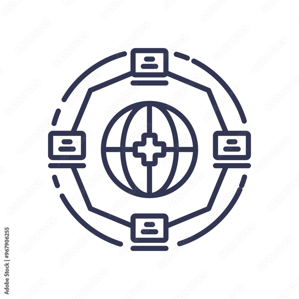 Poster illustration of interconnected computers around a globe, symbolizing global standardization in techn