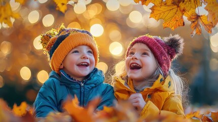 Children in vibrant Halloween costumes, laughing and playing under a canopy of autumn leaves, the golden bokeh lights in the background adding a magical touch to the scene