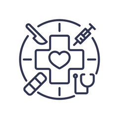 Healthcare services icon with a cross, heart, syringe, stethoscope, scalpel, and bandage, symbolizing medical care and treatment.
