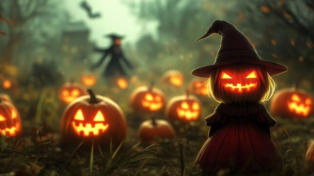A spooky Halloween night scene featuring glowing pumpkins and a mysterious scarecrow in a foggy, enchanted landscape.