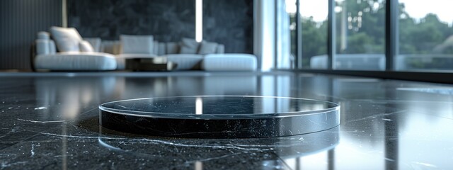 A black marble floor with a round object in the center