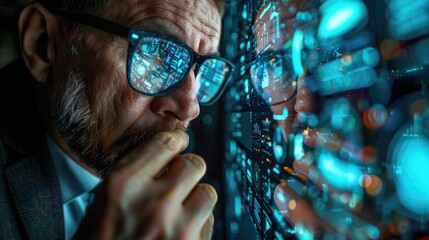 A man intently analyzes data displayed on a computer screen, deep in thought, reflecting the complexities of modern technology.