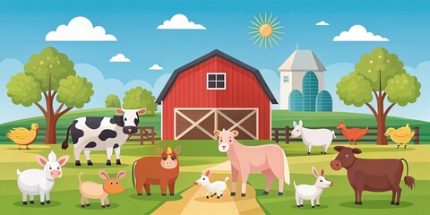 Naklejka premium simple and graphic illustration of farm animals in a minimalist farm setting with clean lines and bright colors