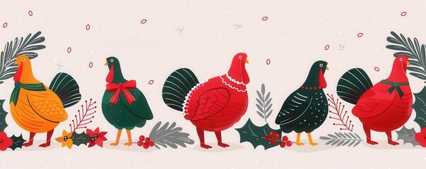 Obraz premium Turkeys with festive ribbons, Christmas on the farm, flat design illustration, copy space for text, focus cover all object, deep dept of field