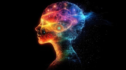 Obraz premium Brain made of interconnected chakras, each chakra representing different aspects of consciousness, chakra brain, holistic thinking