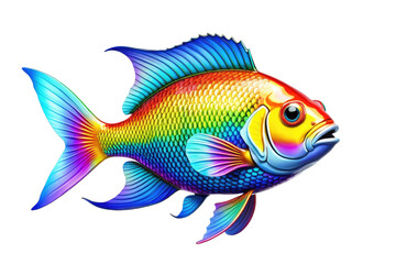 Cartoon rainbow fish, 3D style, full body, centered isolation against white backdrop, high-resolution stock photo, vibrant colors, ultra-clear, dramatic lighting