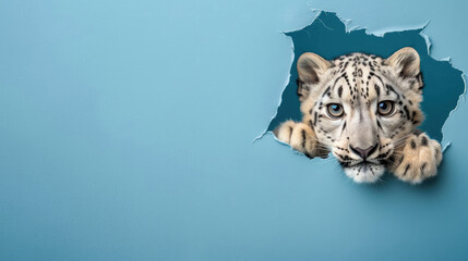 Obraz premium cute snow leopard peeking through a hole in a blue paper wall