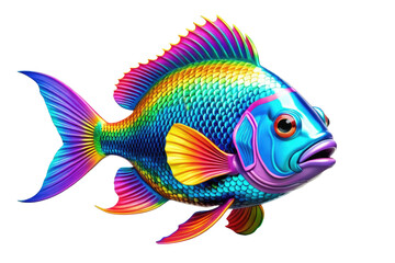 Fototapeta premium Cartoon rainbow fish, 3D style, full body, centered isolation against white backdrop, high-resolution stock photo, vibrant colors, ultra-clear, dramatic lighting