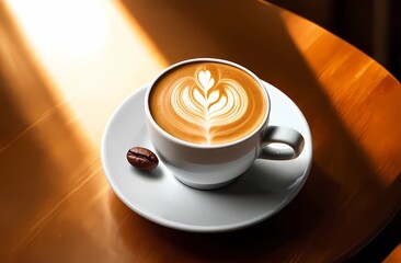 An overhead view of a white latte cup. 