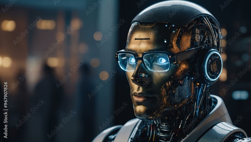 Poster man using ai to help and support work for chatbot, image generation, and smart technology