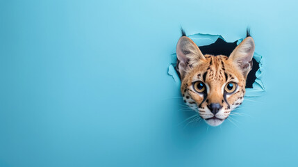 Fototapeta premium cute serval peeking through a hole in a blue paper wall