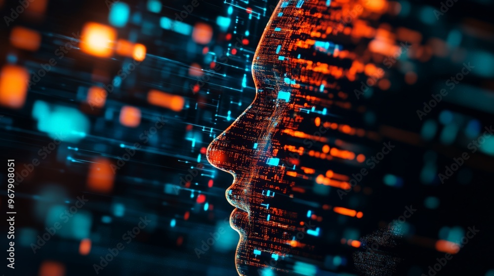 Poster digital human face with abstract technology elements, representing artificial intelligence, data, an