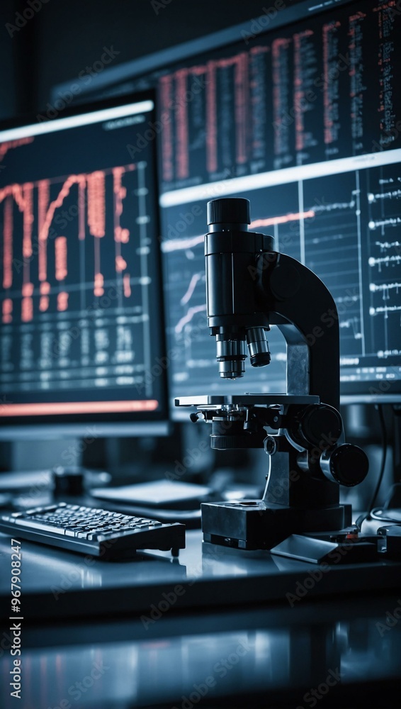 Poster microscope and computer screen with data analysis in a lab setting reflecting modern research precis